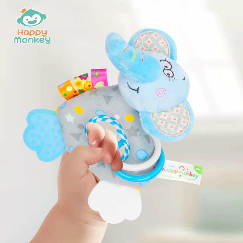 新款Happy Monkey婴儿牙胶摇铃宝宝手摇铃新生儿毛绒安抚玩具