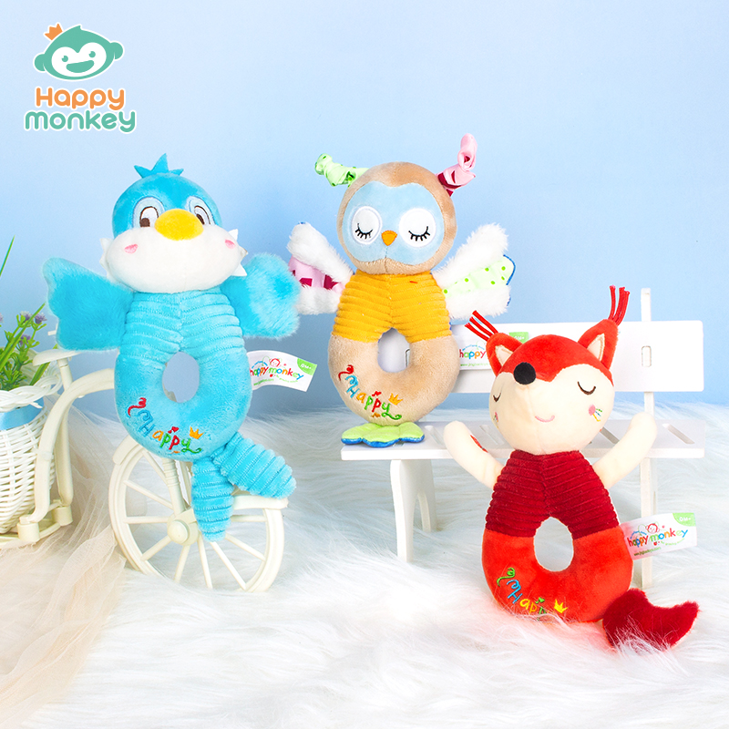 Happy monkey婴儿手抓摇铃新生儿抓握训练安抚玩偶宝宝早教玩具